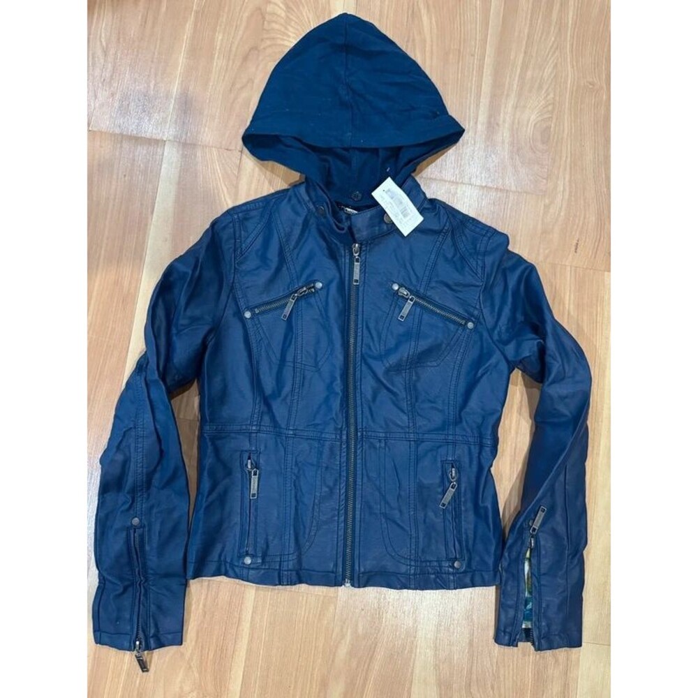 JOUJOU navy blue faux leather moto biker jacket featuring a detachable hood L